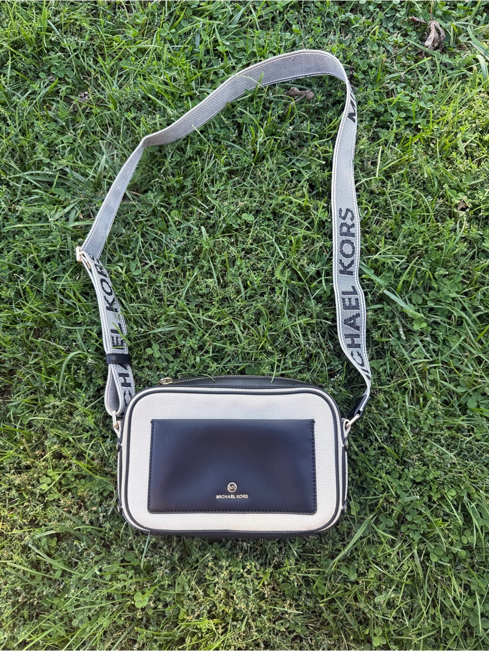 Michael Kors White and Black Logo Strap Crossbody Purse